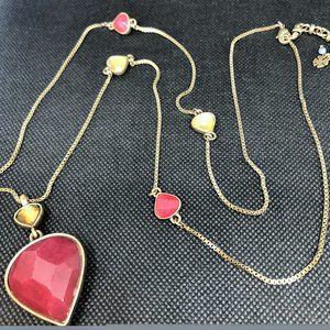 Red Heart Lucky Brand Glass Faceted Necklace Gold and Red Accents on 34" Chain